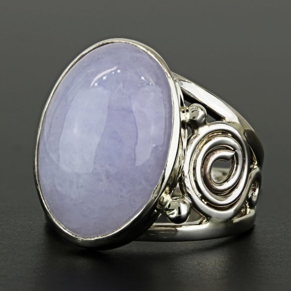 Vintage 14k Yellow Gold Oval Cabochon Lavender Jade Anniversary Scroll Ring - Picture 6 of 7